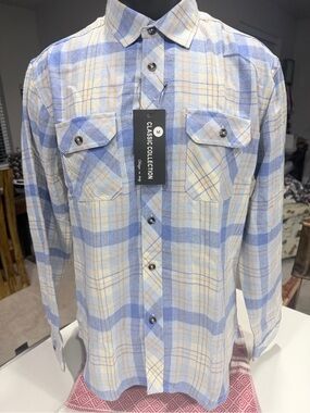 Classic Collection Men's Blue and Cream Plaid Button-Down Shirt